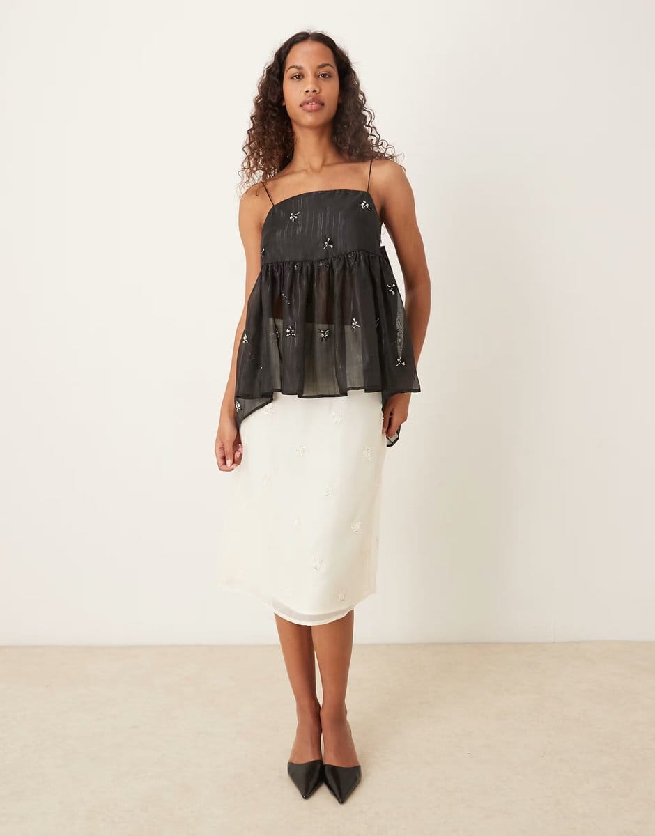 ASOS Sister Jane Lola semi sheer bow back detail babydoll cami top co-ord in black - 4