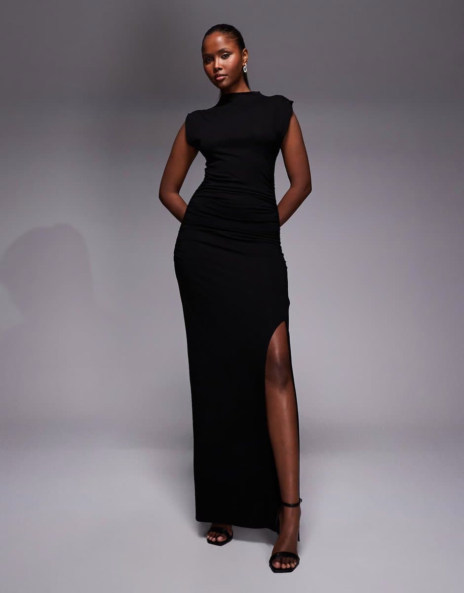 ASOS ASOS DESIGN maxi ruched side dress with thigh split in black