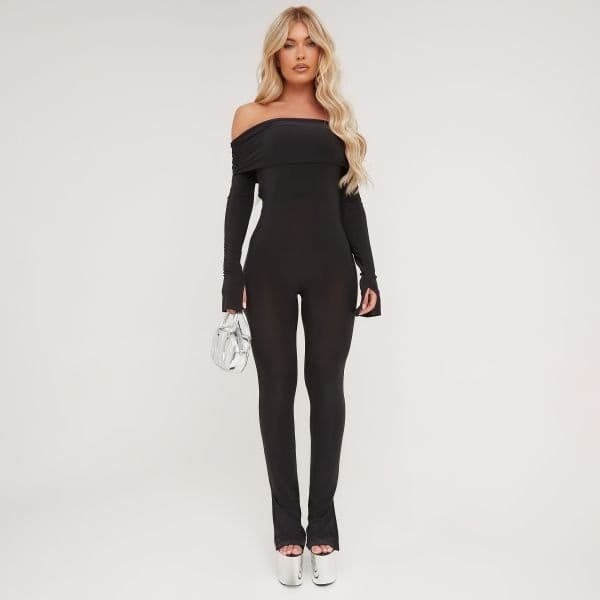 EGO Bardot Long Sleeve Open Back Detail Split Hem Jumpsuit In Black Slinky, Women's Size UK 4 - 2