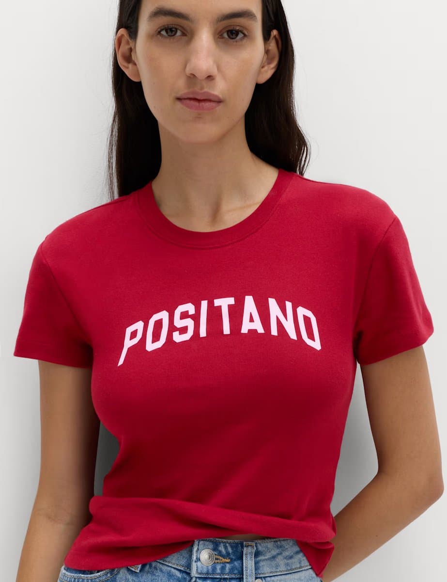 Marks & Spencer M&S Pure Cotton Slogan Slim Fit T-Shirt Burgundy Mix