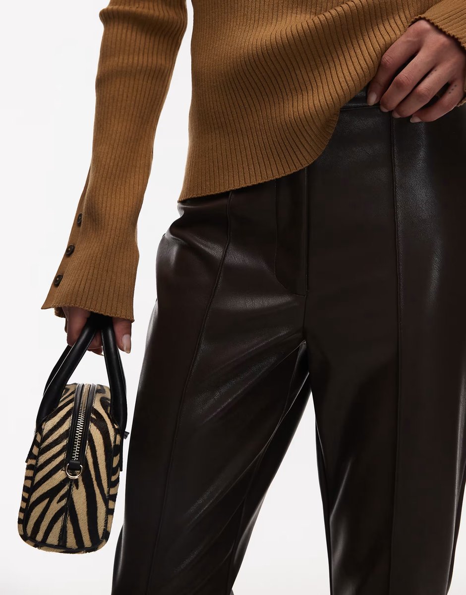 ASOS ASOS DESIGN leather look slim flare trouser with pintuck in dark chocolate - 3