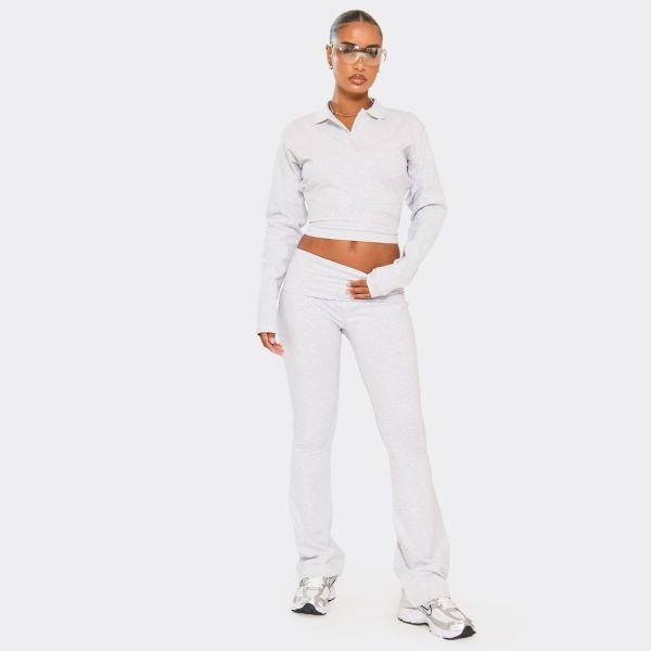 EGO Low Rise Foldover Waist Flared Leg Trousers In Light Grey Marl, Women's Size UK 4 - 2