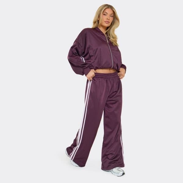 EGO Mid Rise Side Stripe Wide Leg Track Pants In Plum, Women's Size UK 6