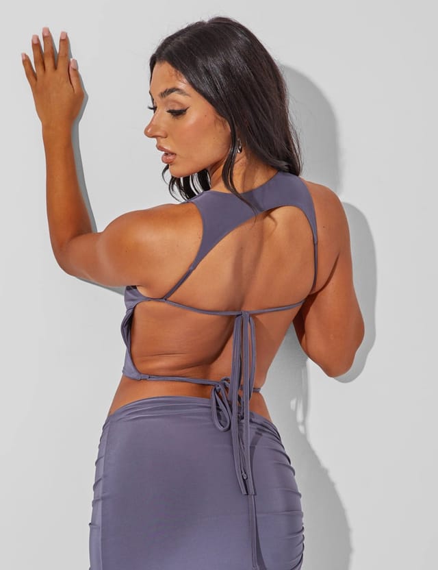 Public Desire Slinky Open Back Tie Detail Crop Top Charcoal Grey - 3