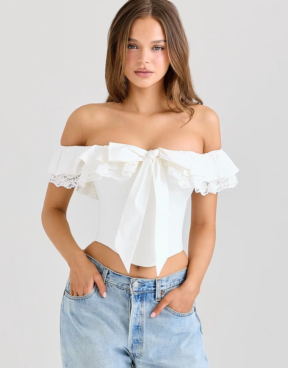 ASOS House of CB Aria white stretch cotton off-the-shoulder frill corset in white