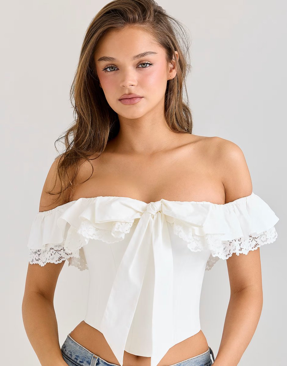ASOS House of CB Aria white stretch cotton off-the-shoulder frill corset in white - 2