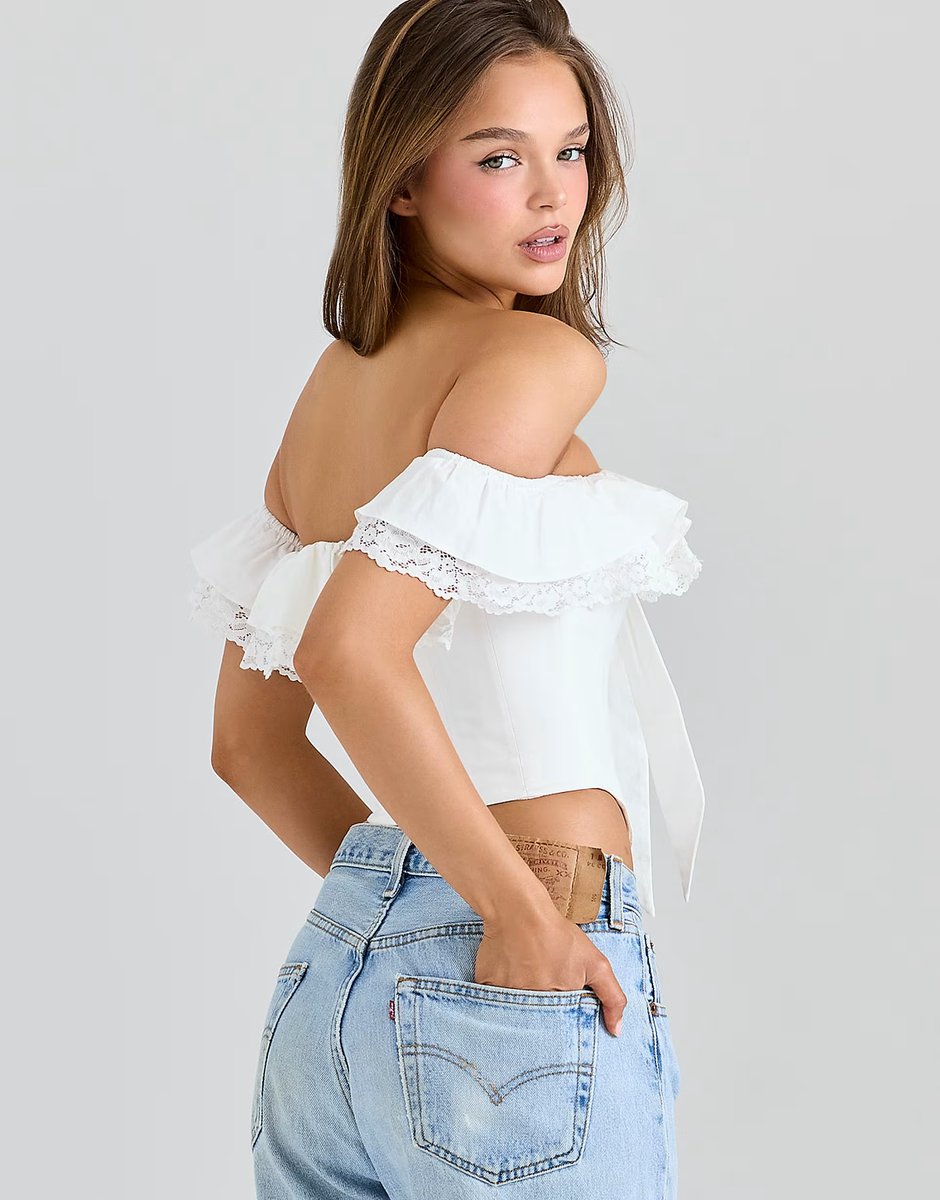 ASOS House of CB Aria white stretch cotton off-the-shoulder frill corset in white - 3