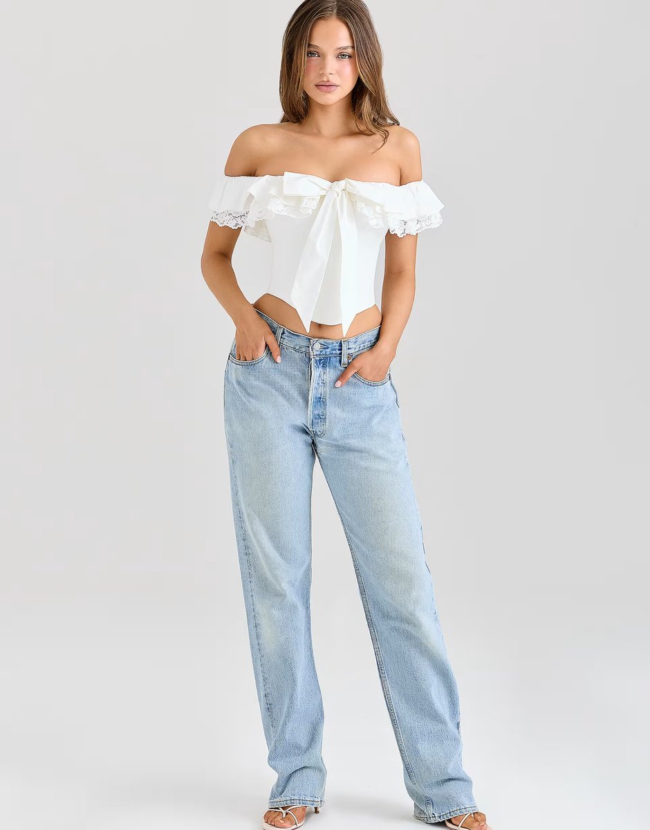 ASOS House of CB Aria white stretch cotton off-the-shoulder frill corset in white - 4