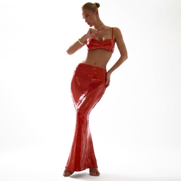 EGO Maxi Skirt In Red Sequin, Women's Size UK 6 - 2