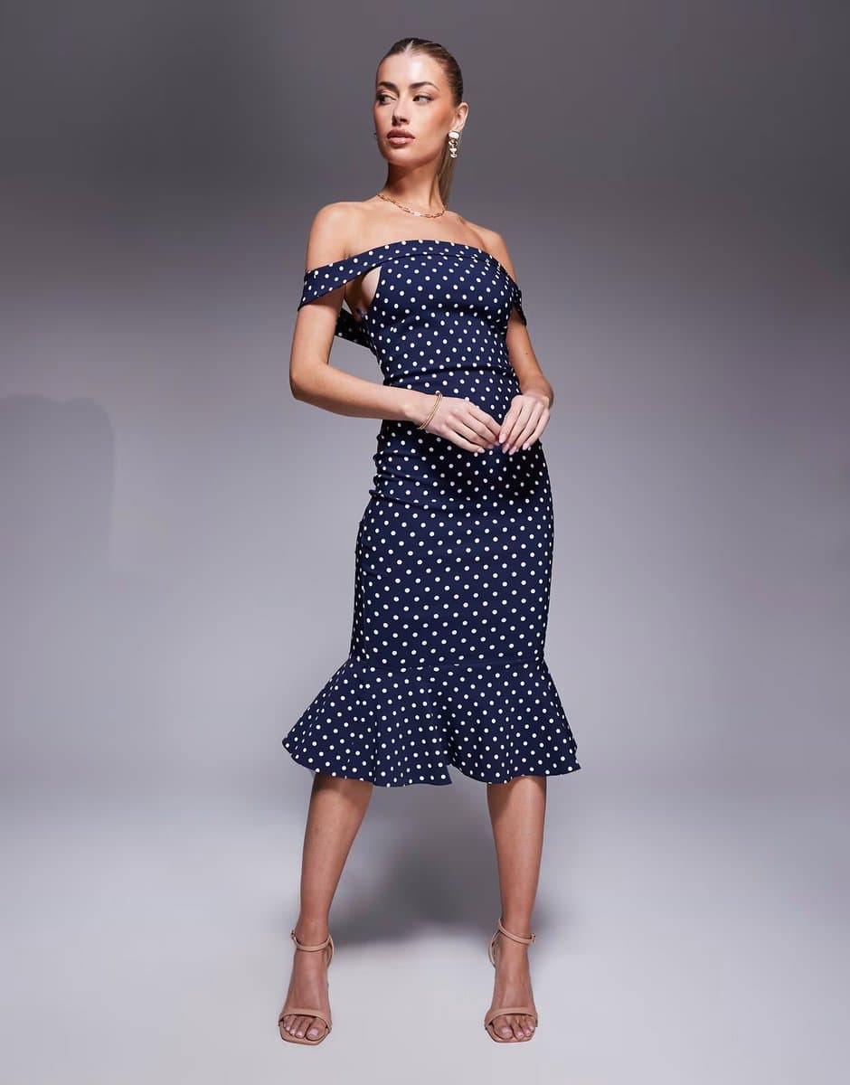 ASOS Vesper bardot frill hem midi dress in navy polka dot