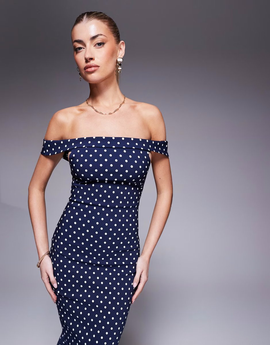 ASOS Vesper bardot frill hem midi dress in navy polka dot - 3