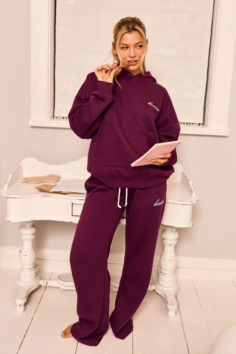Kaiia Kaiia Deep Burgundy Ribbed Waistband Wide Leg Joggers