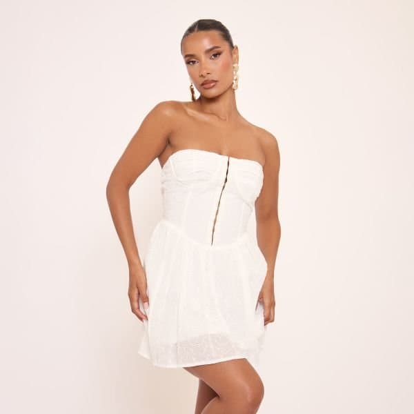 EGO Bandeau Hook And Eye Detail Dipped Waist Mini Dress In White Broderie, Women's Size UK 6