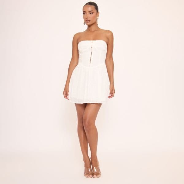 EGO Bandeau Hook And Eye Detail Dipped Waist Mini Dress In White Broderie, Women's Size UK 6 - 2