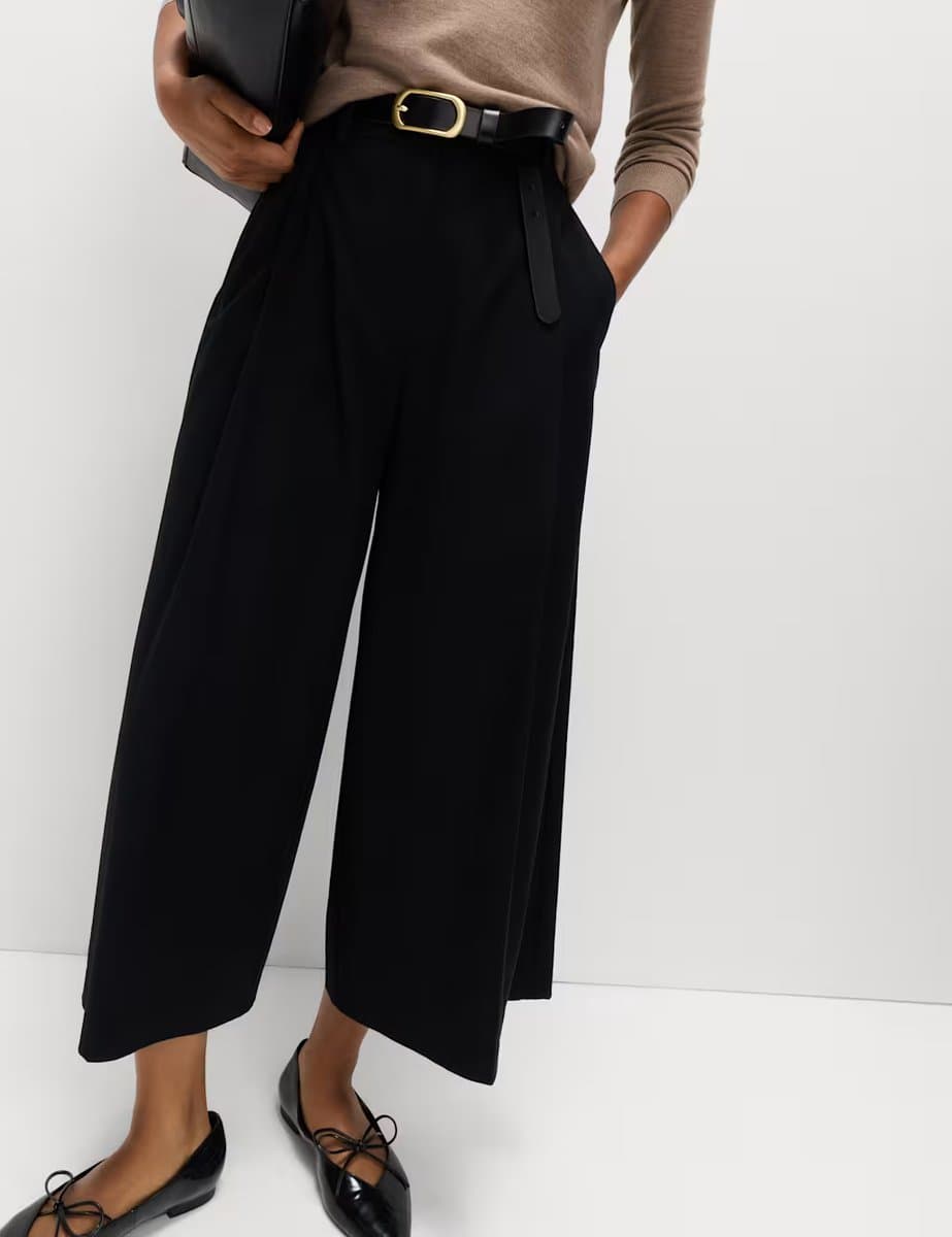 Marks & Spencer M&S Woven Pleated Wide Leg Culottes Black