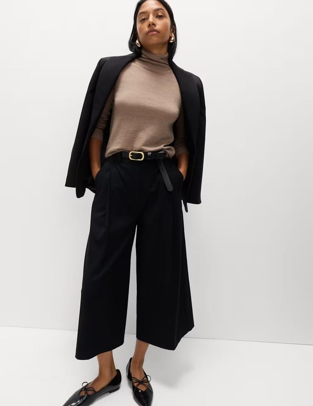 Marks & Spencer M&S Woven Pleated Wide Leg Culottes Black - 2