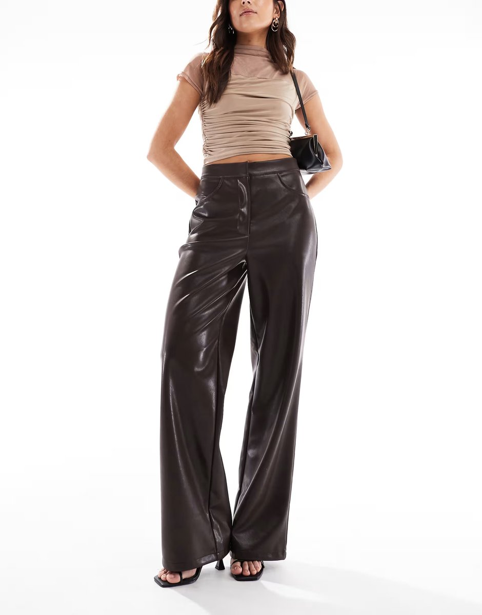 ASOS ASOS DESIGN leather look wide leg trouser in chocolate - 3