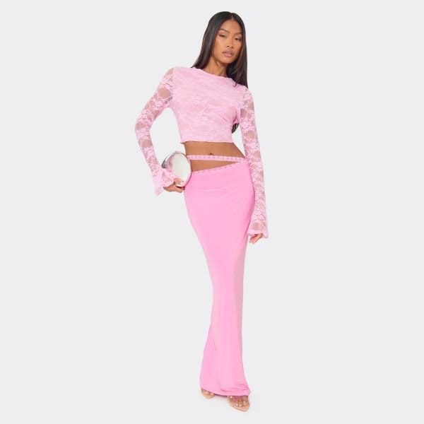 EGO Mid Waist Wrap Detail Maxi Skirt In Pink Lace, Women's Size UK 6 - 1