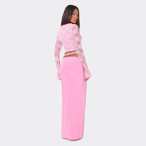 EGO Mid Waist Wrap Detail Maxi Skirt In Pink Lace, Women's Size UK 6 - 2