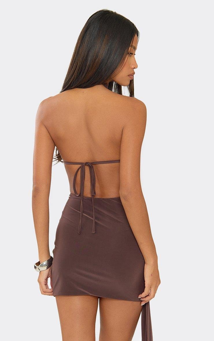 EGO Halterneck Wrap Front Trim Detail Mini Dress In Chocolate Brown, Women's Size UK 6 - 2