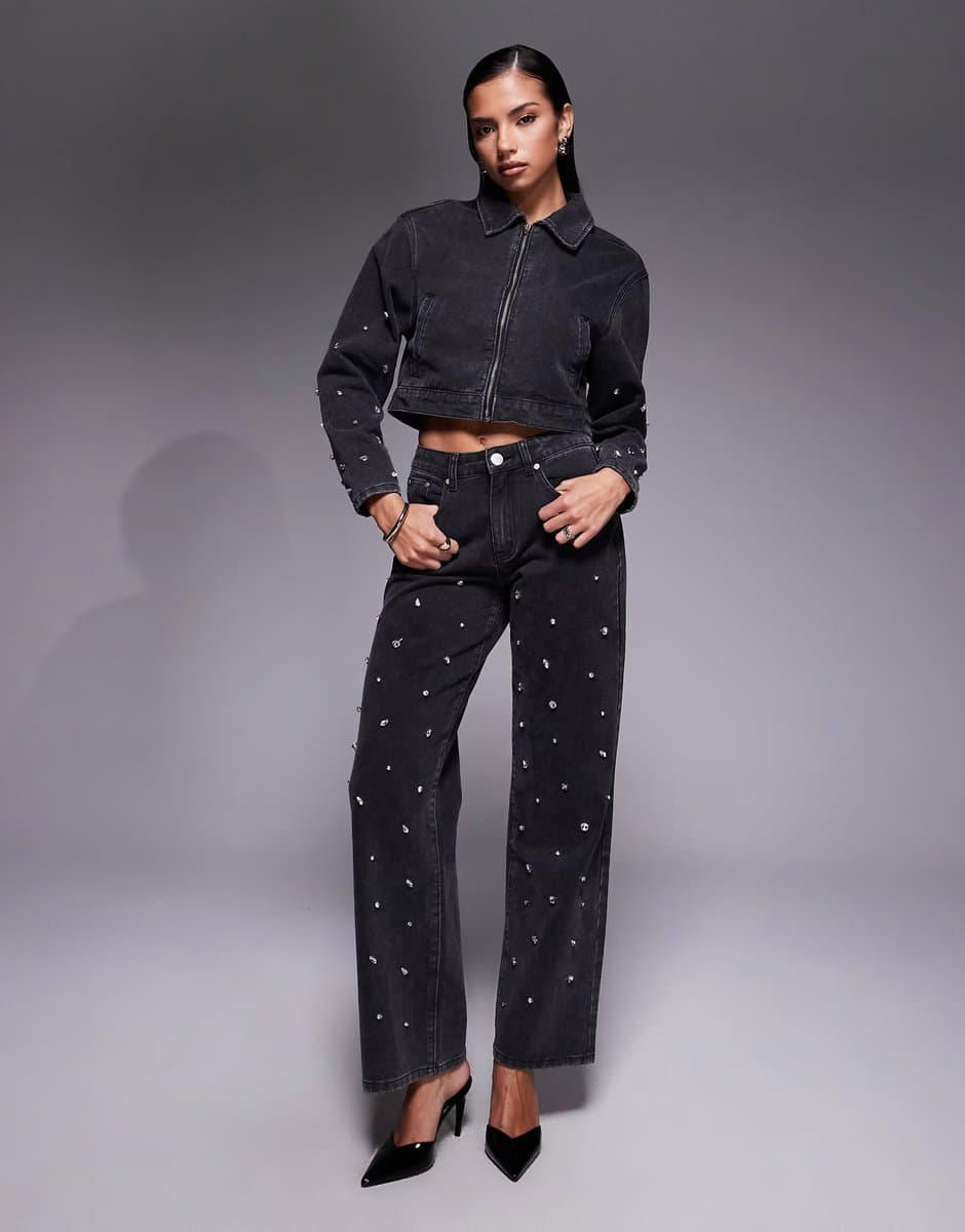 ASOS Liquor N Poker boxy embeliished denim jacket & jean co-ord in black