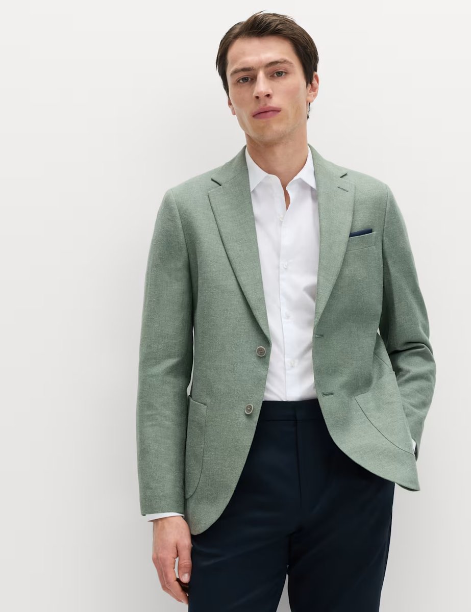 Marks & Spencer M&S Tailored Fit Linen Cotton Blend Herringbone Blazer Green - 2