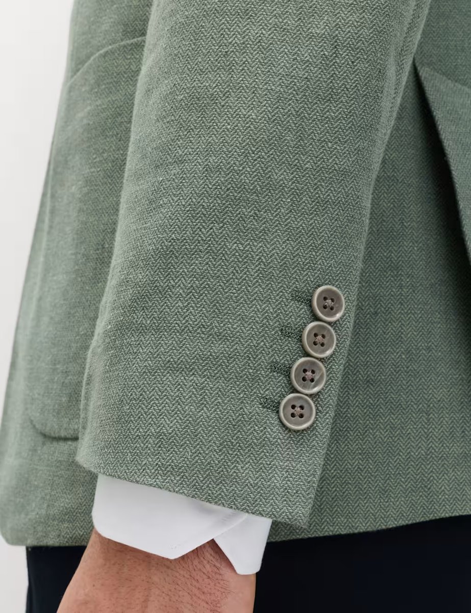 Marks & Spencer M&S Tailored Fit Linen Cotton Blend Herringbone Blazer Green - 3