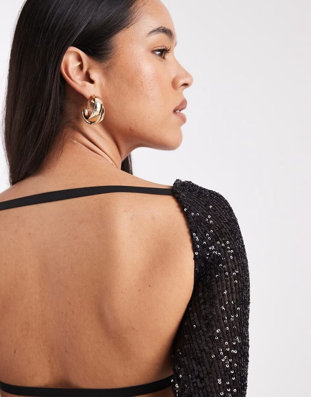 ASOS COLLUSION slash neck backless sequin long sleeve top black - 2
