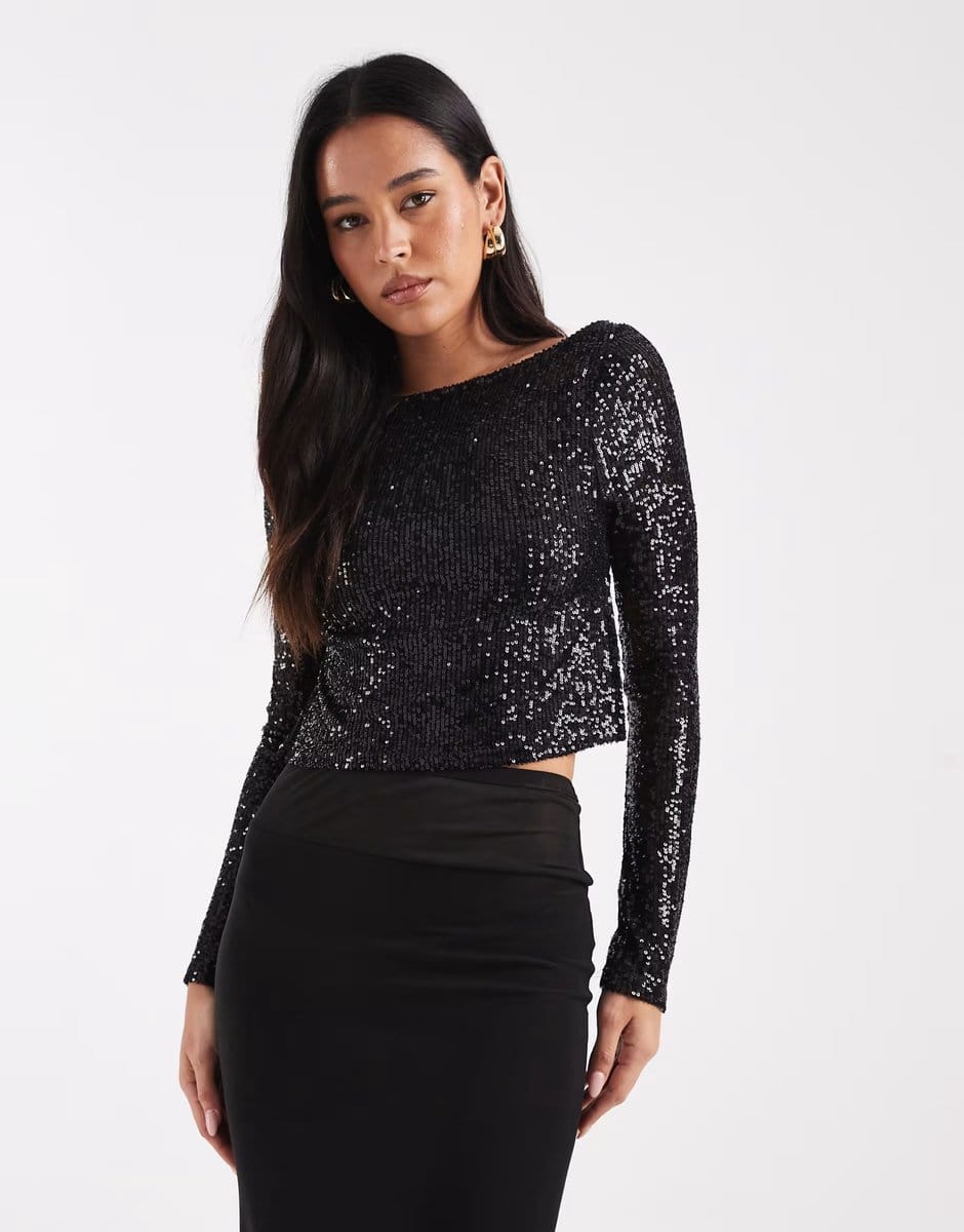 ASOS COLLUSION slash neck backless sequin long sleeve top black - 4