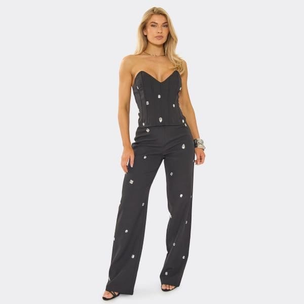 EGO Mid Rise Embellished Straight Leg Trousers In Black, Women's Size UK 6 - 1