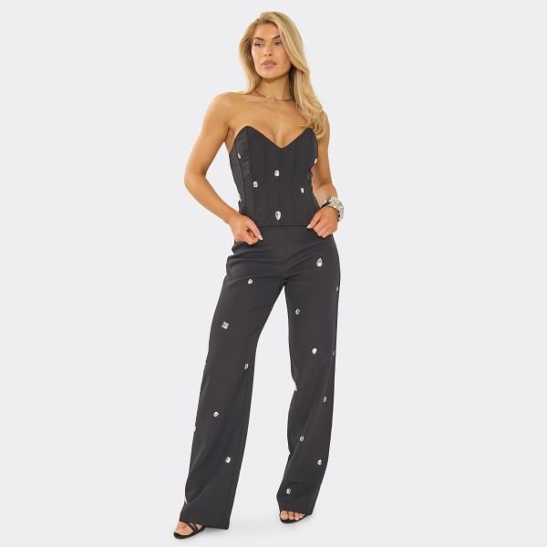 EGO Mid Rise Embellished Straight Leg Trousers In Black, Women's Size UK 6 - 2