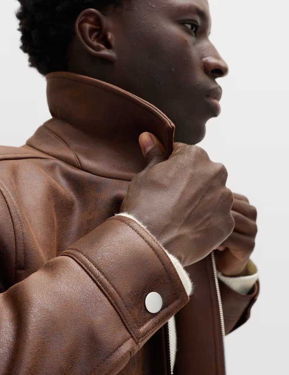 Marks & Spencer M&S Rugged Faux Leather Trucker Jacket in Dark Brown