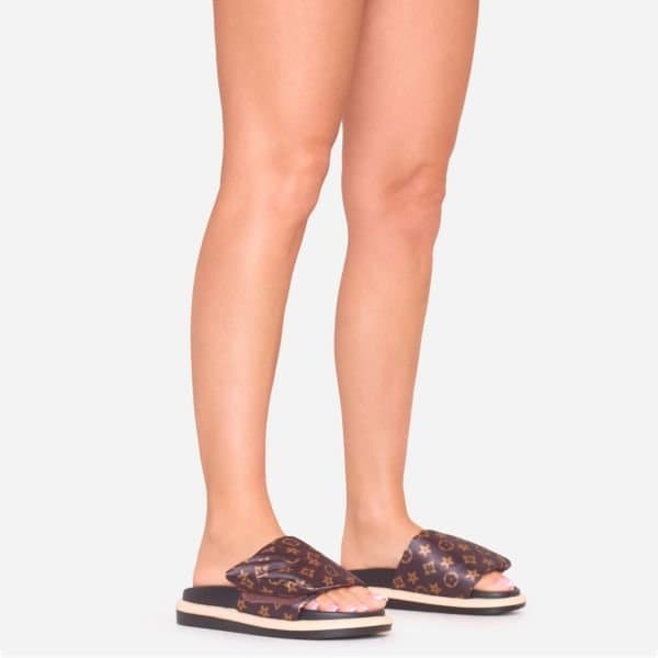 EGO Pillow Velcro Strap Flatform Slider Sandal In Brown Print Nylon, Women's Size UK 3