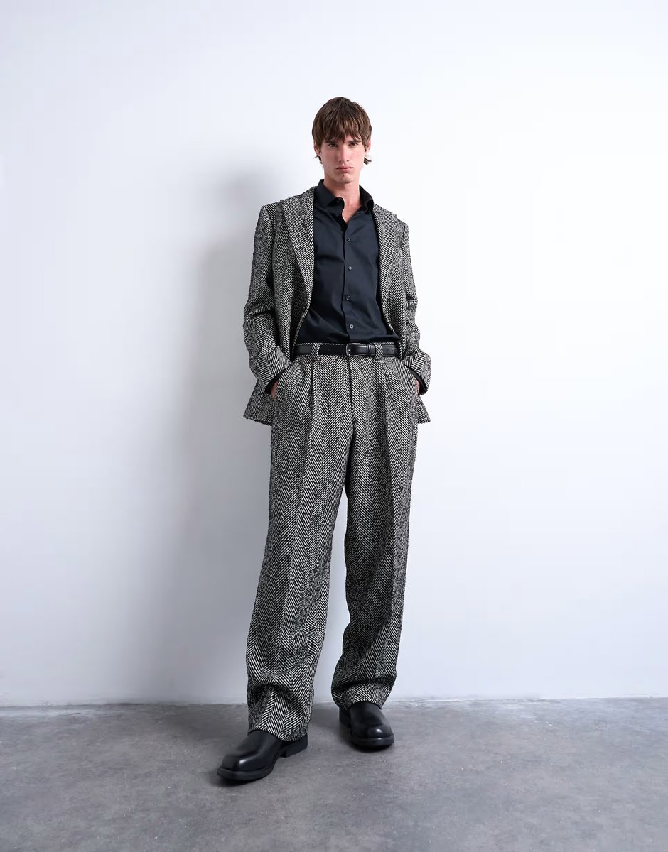 ASOS Topman relaxed herringbone wool blend blazer in black - 2