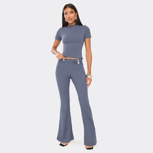 EGO Low Rise Ruched Trim Detail Flared Leg Trousers In Steel Blue, Women's Size UK 6
