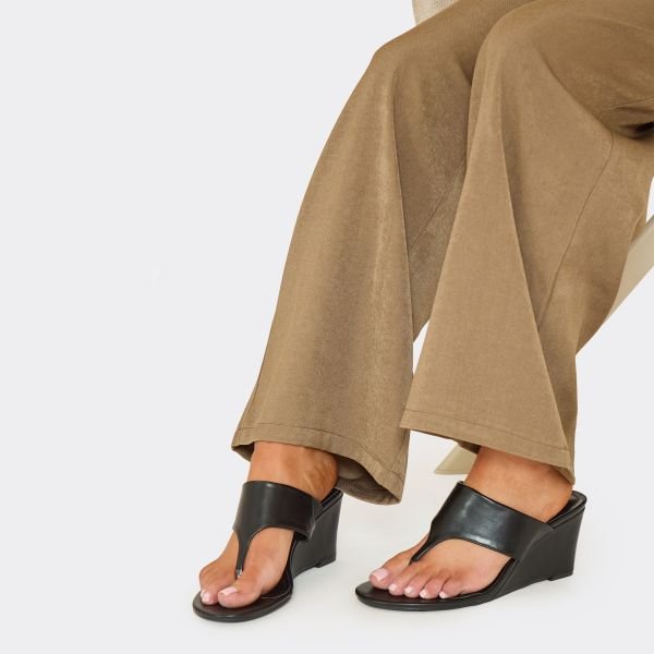 EGO Bunni Thong Strap Detail Wedge Heel In Black Faux Leather, Women's Size UK 3 - 2