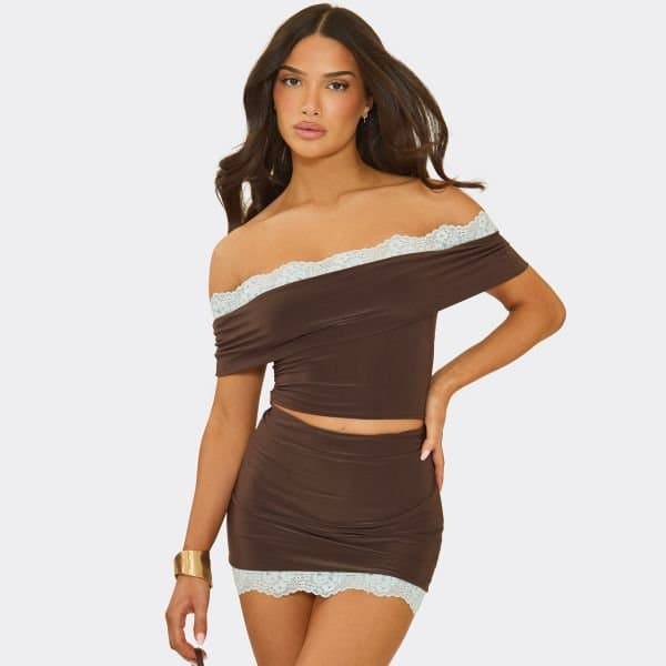EGO EGO Edgy Off-the-Shoulder Lace Trim Top in Chocolate Brown