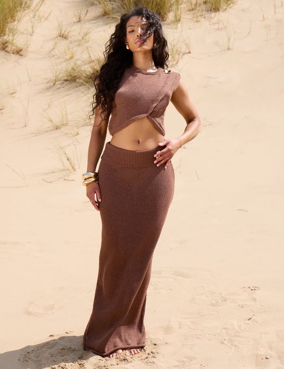 Public Desire Mid Rise Fine Knit Maxi Skirt Brown