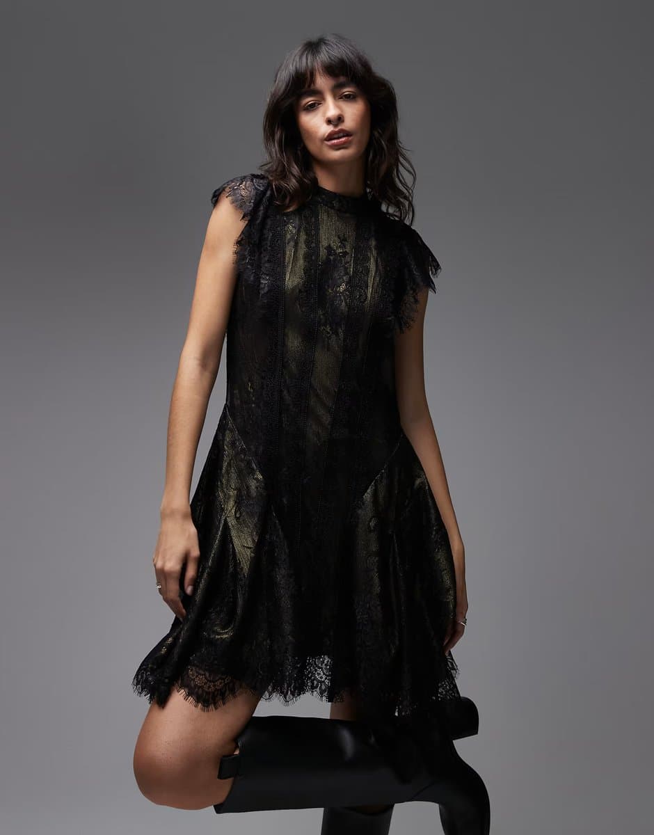 ASOS Allsaints fleur lace and tulle mini dress in black and gold