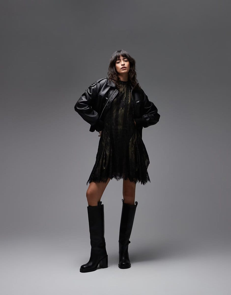 ASOS Allsaints fleur lace and tulle mini dress in black and gold - 4