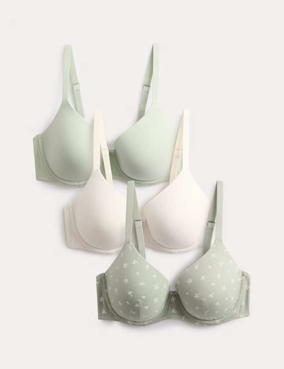 Marks & Spencer M&S 3pk Cotton Rich Wired T-Shirt Bras A-E Soft Green