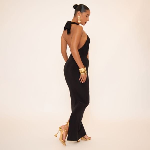 EGO Halterneck Crossover Cut Out Front Detail Maxi Dress In Black Slinky, Women's Size UK 10 - 2