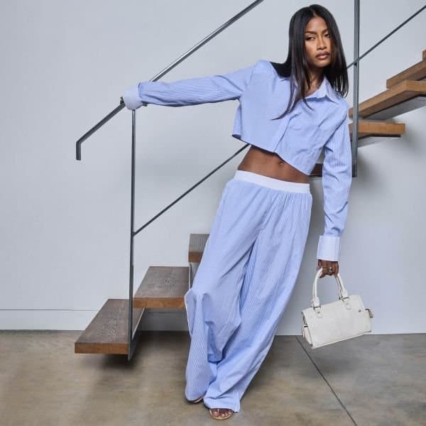 EGO EGO Contrast Waistband Straight Leg Trousers in Blue Pinstripe