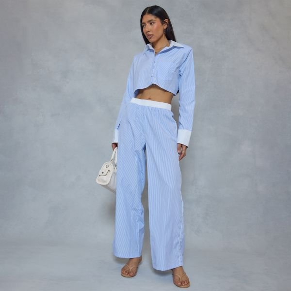 EGO Contrast Waistband Straight Leg Trousers In Blue Pinstripe, Women's Size UK 6 - 2