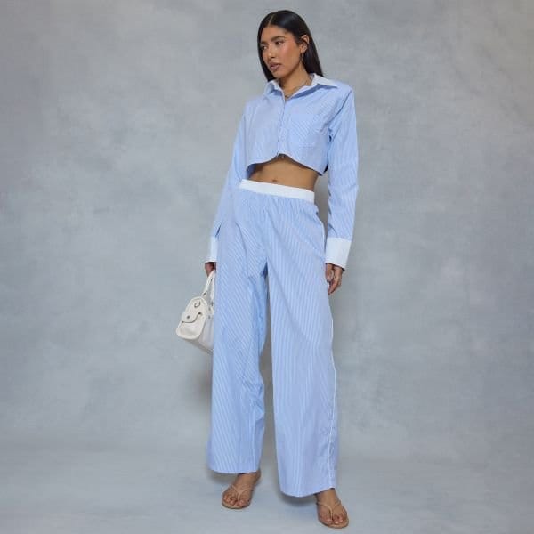 EGO Contrast Waistband Straight Leg Trousers In Blue Pinstripe, Women's Size UK 6 - 2