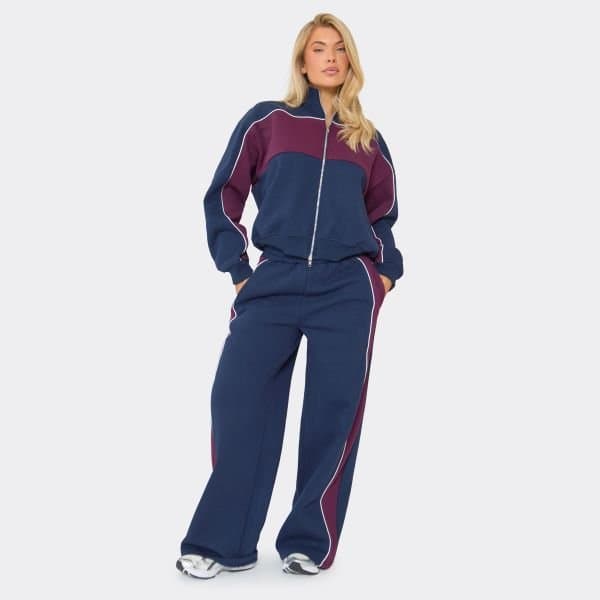 EGO Low Rise Contrast Detail Wide Leg Joggers In Navy Blue, Women's Size UK 6