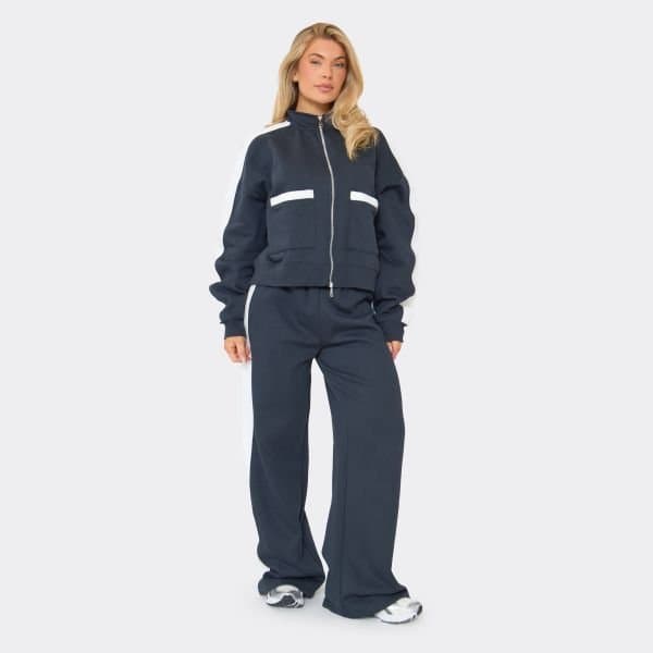 EGO Low Rise Contrast Stripe Wide Leg Joggers In Navy, Women's Size UK 6