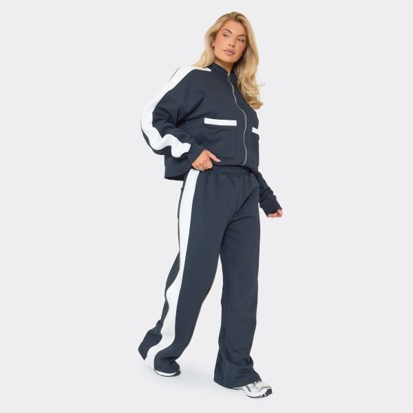 EGO Low Rise Contrast Stripe Wide Leg Joggers In Navy, Women's Size UK 6 - 2