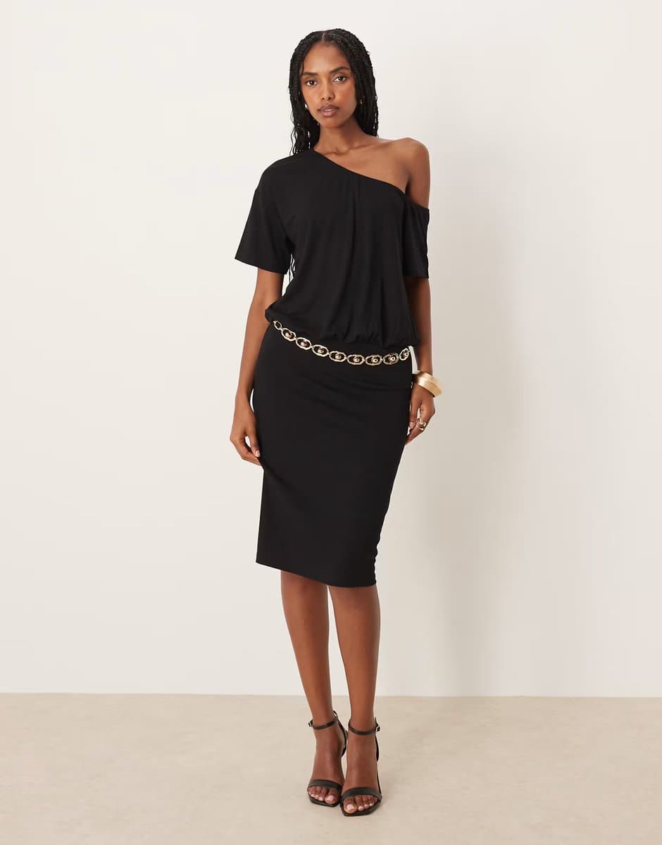 ASOS ASOS DESIGN awkward length dress with slouchy off shoulder detail in black