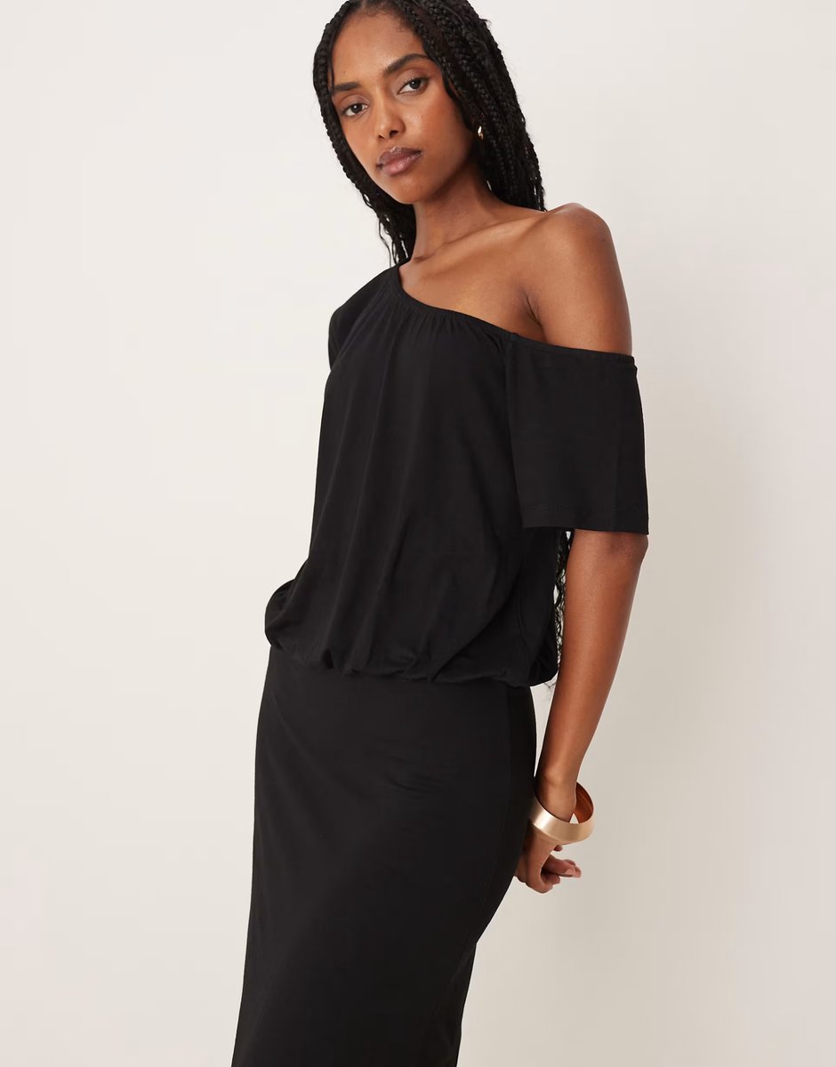 ASOS ASOS DESIGN awkward length dress with slouchy off shoulder detail in black - 3